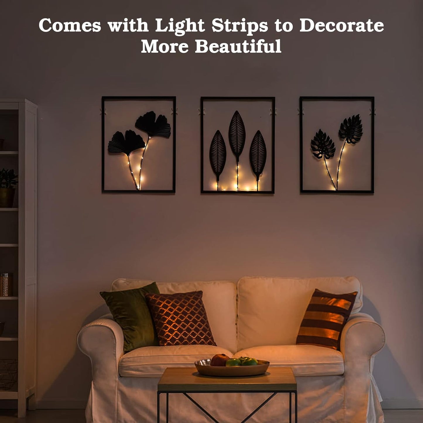 Metal Wall Art, Black Wall Decor with Light Strips 3 Pcs Modern Room