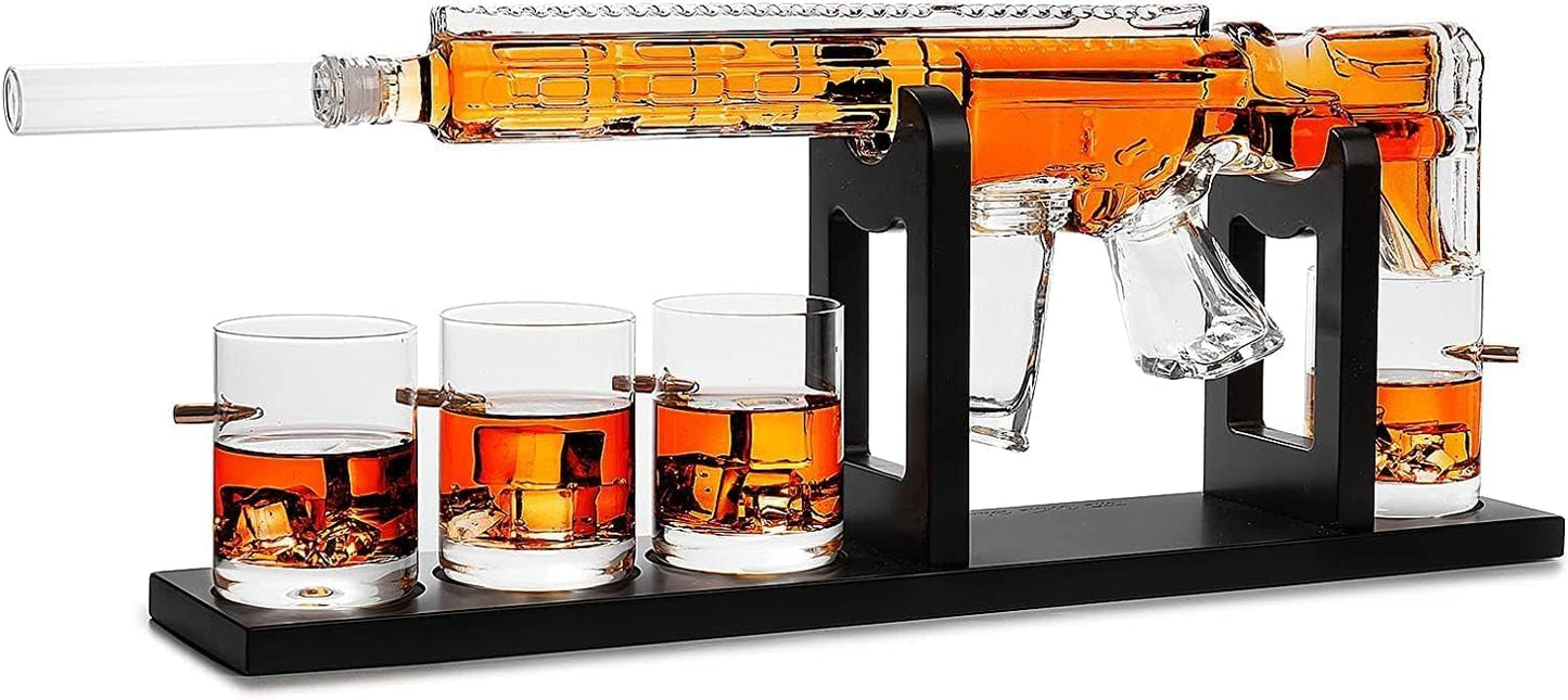 Whiskey Decanter Set - Gun AR Limited Edition, Silencer Stopper - 800 ml & 4, 12oz Bullet Glasses - Fathers Day