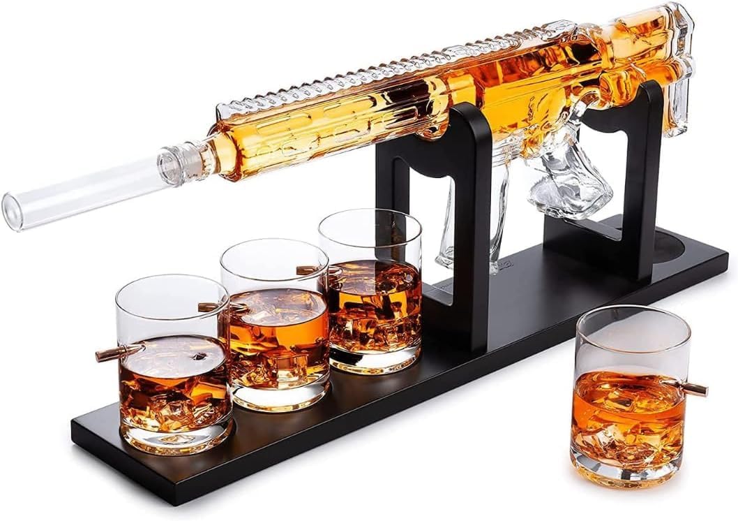 Whiskey Decanter Set - Gun AR Limited Edition, Silencer Stopper - 800 ml & 4, 12oz Bullet Glasses - Fathers Day