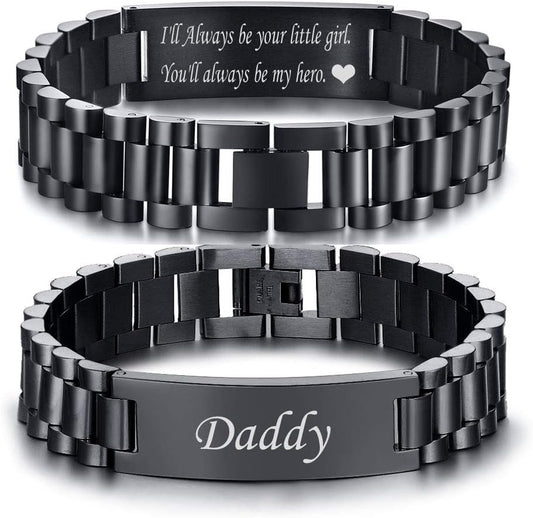 Fathers Day Gift - Masculine Watch Band Stainless Steel Link Bracelet Personalized Jewelry Gift for Men DAD Father Husband Boyfriend