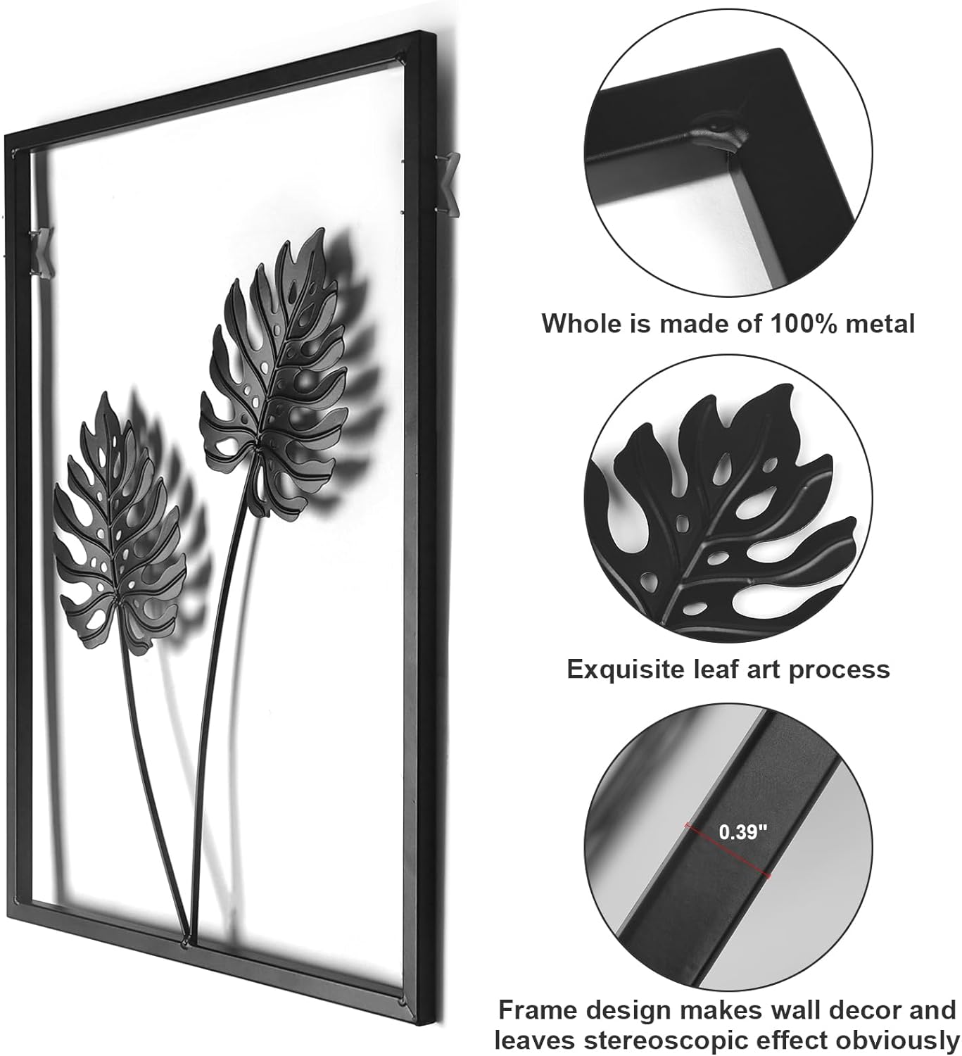 Metal Wall Art, Black Wall Decor with Light Strips 3 Pcs Modern Room