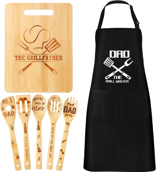 7 Pcs Dad Gift Father's Day Gift Dad Apron Cutting Board Bamboo Spoons Utensils Grill Gifts Grandpa Gifts(Dad)