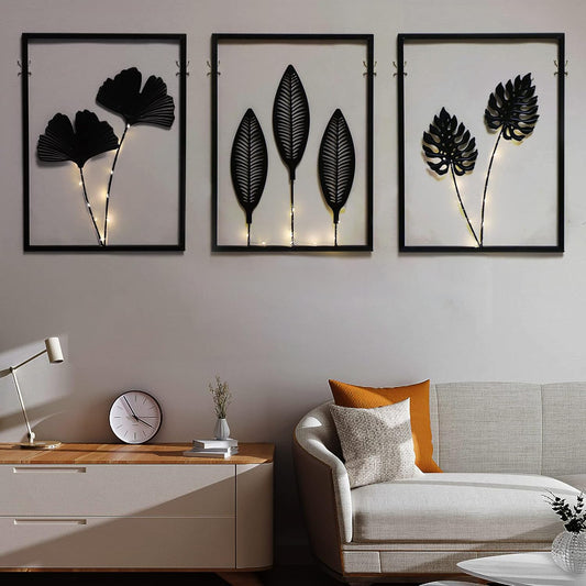 Metal Wall Art, Black Wall Decor with Light Strips 3 Pcs Modern Room