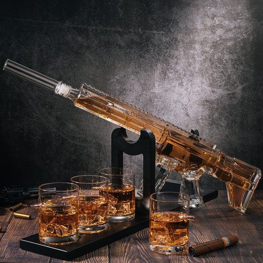 Whiskey Decanter Set - Gun AR Limited Edition, Silencer Stopper - 800 ml & 4, 12oz Bullet Glasses - Fathers Day