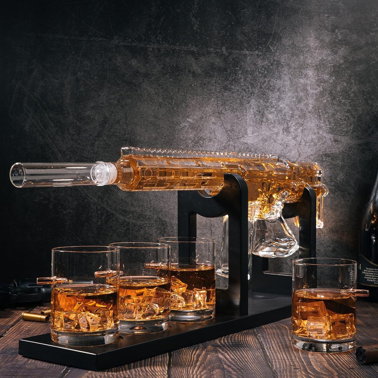 Whiskey Decanter Set - Gun AR Limited Edition, Silencer Stopper - 800 ml & 4, 12oz Bullet Glasses - Fathers Day