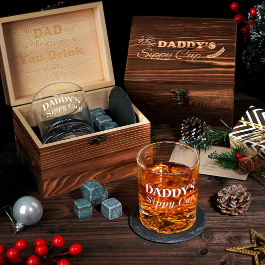 Fathers Day, Daddy Sippy Cup Whiskey Glass Gifts Set with 4 Whiskey Stones & Wooden Box, Funny Gag Gift