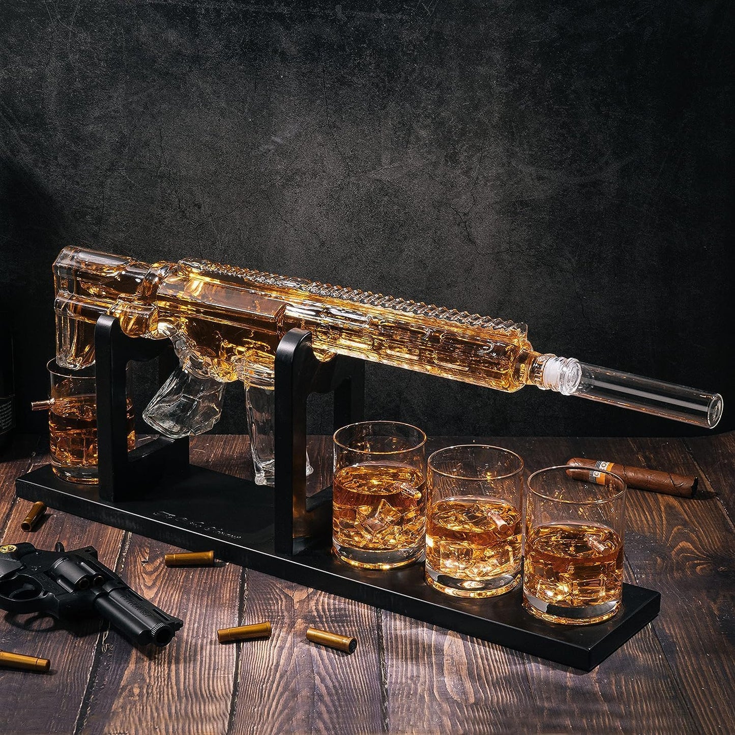 Whiskey Decanter Set - Gun AR Limited Edition, Silencer Stopper - 800 ml & 4, 12oz Bullet Glasses - Fathers Day