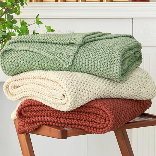 Chunky Cable Knit Throw Blanket Lightweight - 100% Organic Cotton