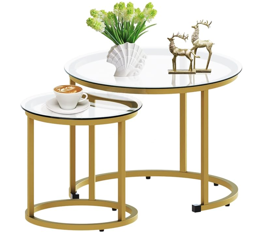 Gold Nesting Coffee Table Set of 2, Small Glass Nesting Tables for Living Room Bedroom