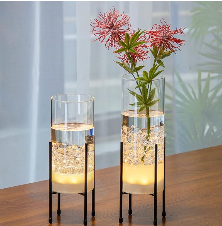 Flower Vase for Decor, Glass Table Vase Set for Flowers Plants, Clear Vase with Black Stand, Modern Decorative with Timer LED Lights Battery