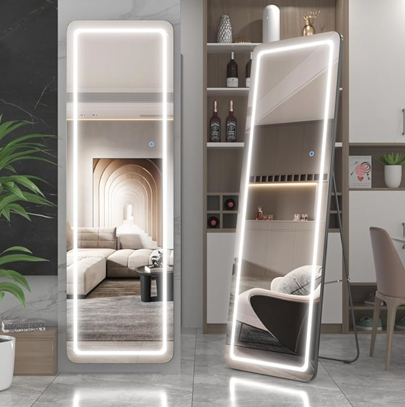 Full Length Mirror with Light,63"x20" Stand Up Mirror,Full Length Floor Mirror Dimming Lights,Full Body Mirror Lighted,LED Free Standing Mirror for Wall Touch Control