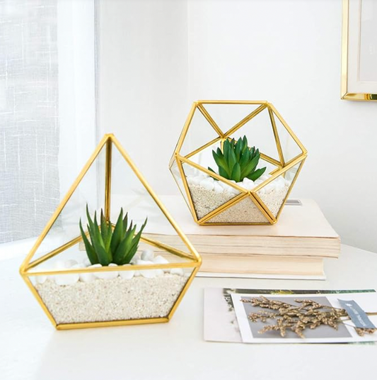 Artificial Succulent in 3 Pack Mini Glass Geometric Terrarium, Miniature Potted Faux Plant